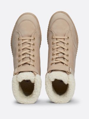 beige warm lined leather lace-up boots for women tommy hilfiger