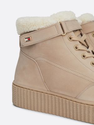 beige warm lined leather lace-up boots for women tommy hilfiger