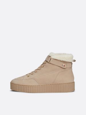 botas de piel con forro cálido y cordones beige de mujeres tommy hilfiger