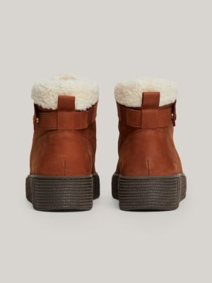 bottines en cuir fourrées à lacets marron pour femmes tommy hilfiger