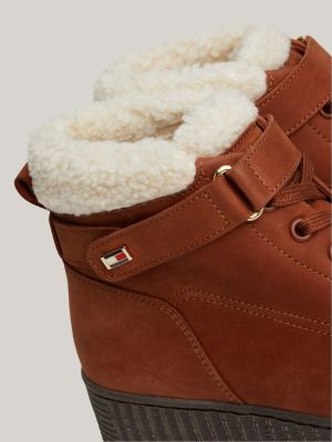 brown warm lined leather lace-up boots for women tommy hilfiger