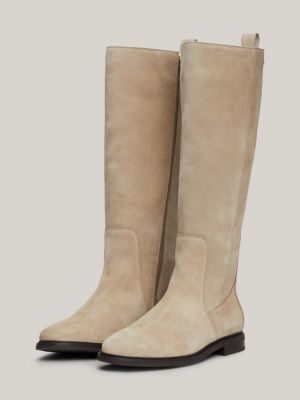 beige suede enamel flag zip-up high boots for women tommy hilfiger