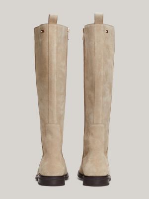 beige suede enamel flag zip-up high boots for women tommy hilfiger