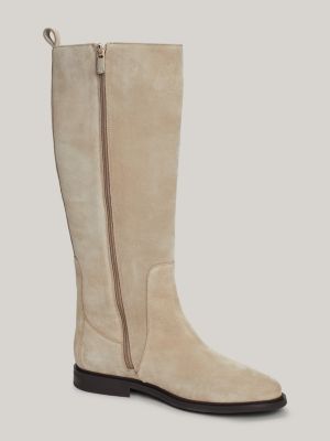 beige suede enamel flag zip-up high boots for women tommy hilfiger