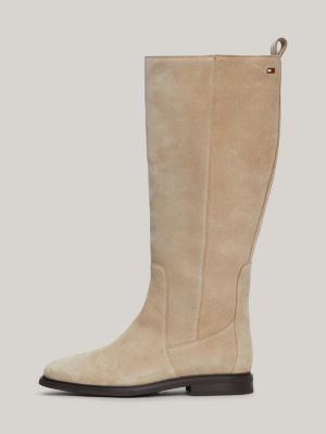 beige suede enamel flag zip-up high boots for women tommy hilfiger