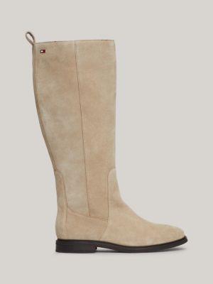 beige suede enamel flag zip-up high boots for women tommy hilfiger