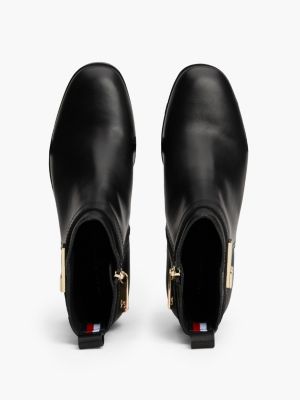 black mid block heel leather boots for women tommy hilfiger