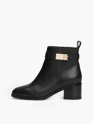 black mid block heel leather boots for women tommy hilfiger