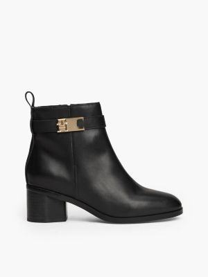 black mid block heel leather boots for women tommy hilfiger