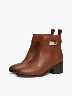 brown mid block heel leather boots for women tommy hilfiger