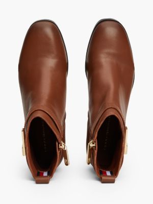 brown mid block heel leather boots for women tommy hilfiger