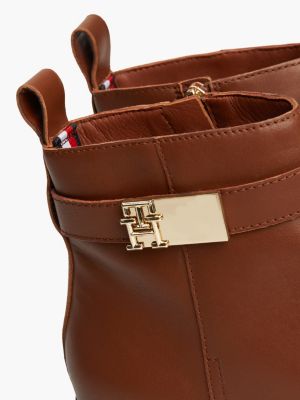 braun lederstiefel mit mittelhohem blockabsatz für damen - tommy hilfiger