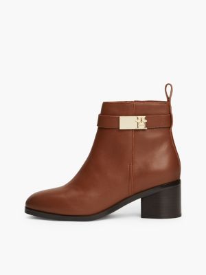 brown mid block heel leather boots for women tommy hilfiger