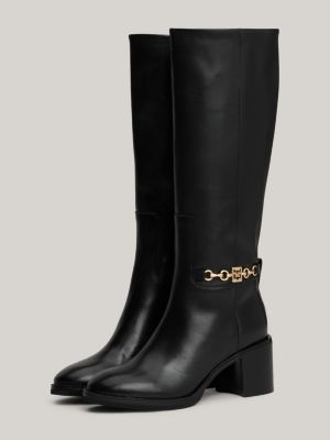 black leather chain hardware high block heel boots for women tommy hilfiger