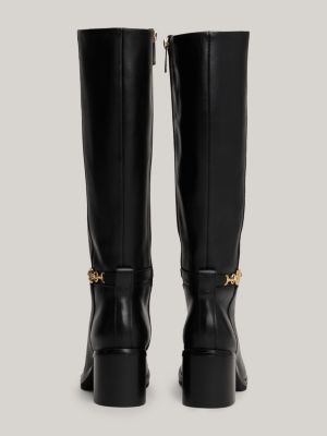 black leather chain hardware high block heel boots for women tommy hilfiger