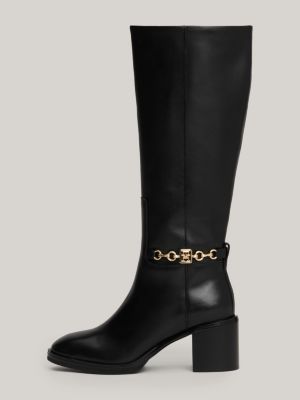 black leather chain hardware high block heel boots for women tommy hilfiger