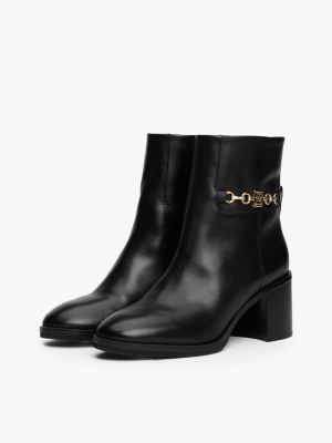 black leather chain hardware block heel boots for women tommy hilfiger