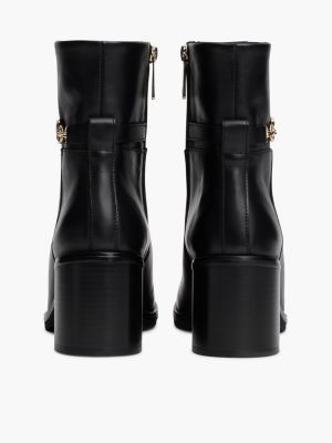 black leather chain hardware block heel boots for women tommy hilfiger