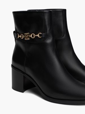 black leather chain hardware block heel boots for women tommy hilfiger