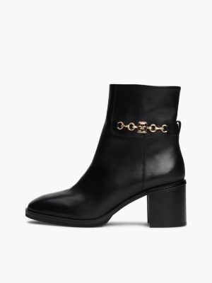 black leather chain hardware block heel boots for women tommy hilfiger