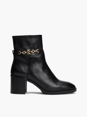 black lederstiefel mit kettendetail und blockabsatz für damen - tommy hilfiger