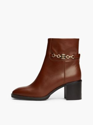 bottines en cuir à chaîne et talon carré marron pour femmes tommy hilfiger