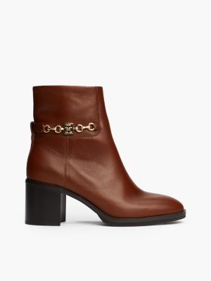 braun lederstiefel mit kettendetail und blockabsatz für damen - tommy hilfiger