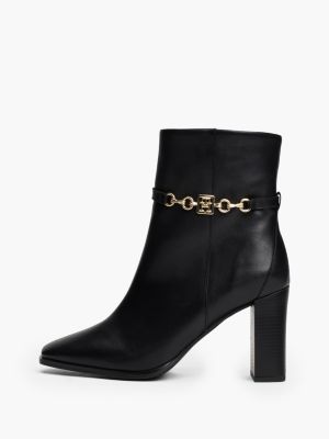 schwarz lederstiefel mit kette und blockabsatz für damen - tommy hilfiger