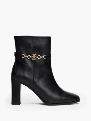 bottes en cuir à chaîne et talon carré black pour femmes tommy hilfiger