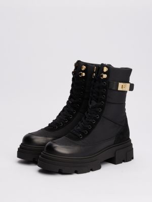 black leather mixed texture cleat biker boots for women tommy hilfiger