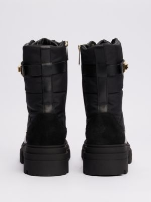 black leather mixed texture cleat biker boots for women tommy hilfiger