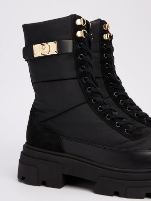 black leather mixed texture cleat biker boots for women tommy hilfiger