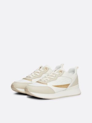 beige th monogram mixed texture runner trainers for women tommy hilfiger