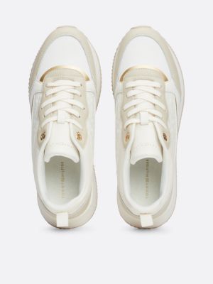 beige th monogram mixed texture runner trainers for women tommy hilfiger