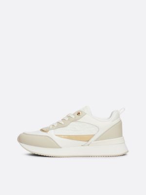 beige th monogram mixed texture runner trainers for women tommy hilfiger