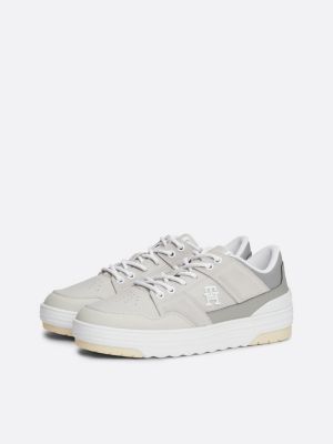 zapatillas de piel con mezcla de texturas gris de mujeres tommy hilfiger