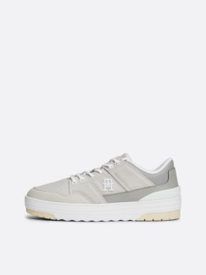 zapatillas de piel con mezcla de texturas gris de mujeres tommy hilfiger