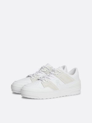 white leather mixed texture basketball trainers for women tommy hilfiger