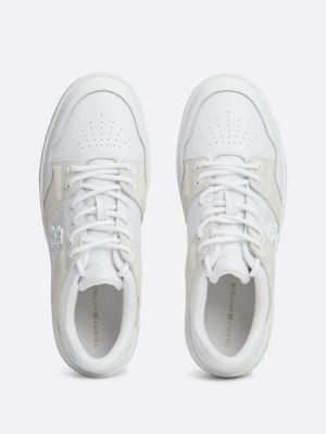 white leather mixed texture basketball trainers for women tommy hilfiger