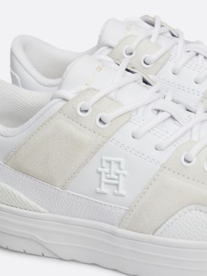 white leather mixed texture basketball trainers for women tommy hilfiger