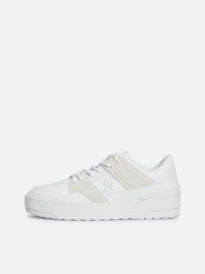 white leather mixed texture basketball trainers for women tommy hilfiger