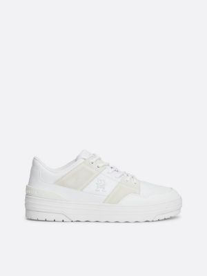 white leather mixed texture basketball trainers for women tommy hilfiger