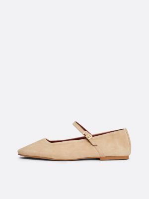 beige suede mary jane ballerinas for women tommy hilfiger