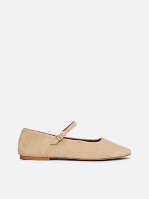 beige suede mary jane ballerinas for women tommy hilfiger