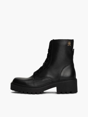 bottes crantées en cuir à lacets noir pour femmes tommy hilfiger