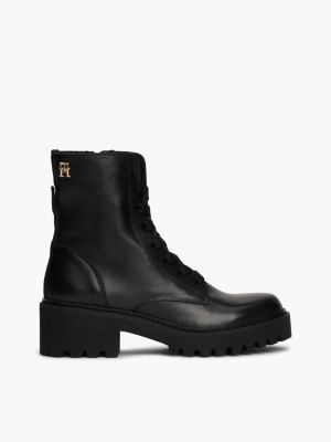 bottes crantées en cuir à lacets noir pour femmes tommy hilfiger