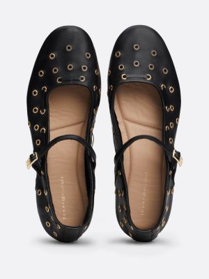 black leather eyelet detail mary jane ballerinas for women tommy hilfiger