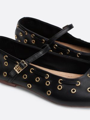 black leather eyelet detail mary jane ballerinas for women tommy hilfiger