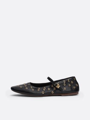 black leather eyelet detail mary jane ballerinas for women tommy hilfiger