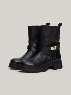 schwarz biker-stiefel aus leder mit klobigem riemen für damen - tommy hilfiger